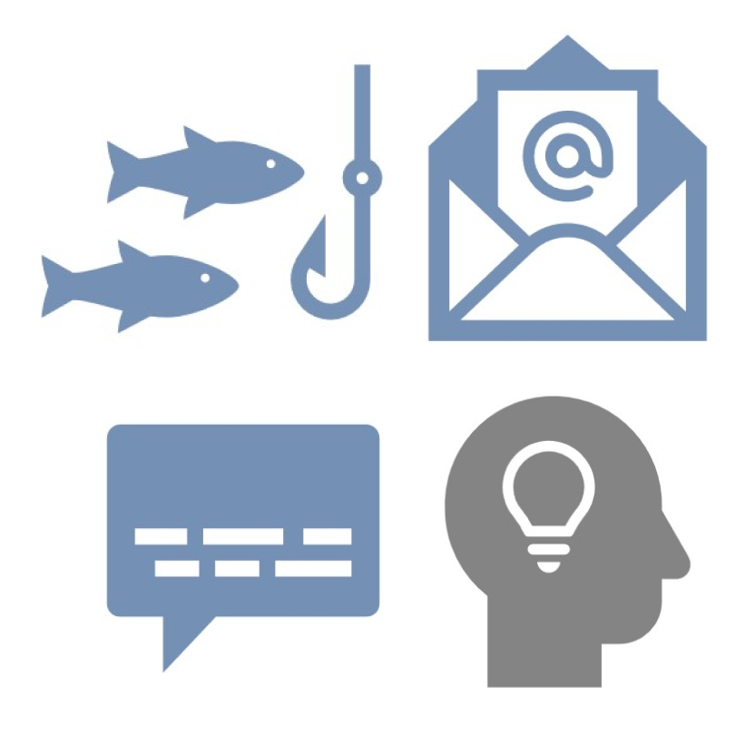 Icon showing fish being caught, email, and person learning